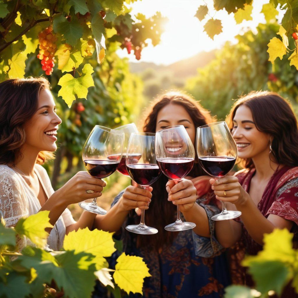 A vibrant scene capturing diverse people from around the world clinking their wine glasses in celebration, surrounded by lush vineyards and colorful grapevines. Soft sunlight filters through the leaves, illuminating joyful faces as they share laughter and stories. In the background, a world map subtly integrates with swirling vines, symbolizing the global connection through wine. super-realistic. vibrant colors. festive atmosphere.