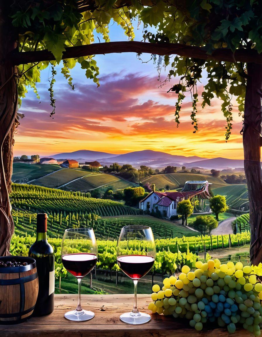 A picturesque vineyard at sunset, showcasing lush green vines heavy with ripe grapes. In the foreground, a glass of red wine glimmers, reflecting the warm hues of the sky. The scene radiates joy and celebration, with people toasting and laughing under a canopy of twinkling fairy lights. Include elements like rustic wine barrels and rolling hills in the background. vibrant colors. super-realistic.